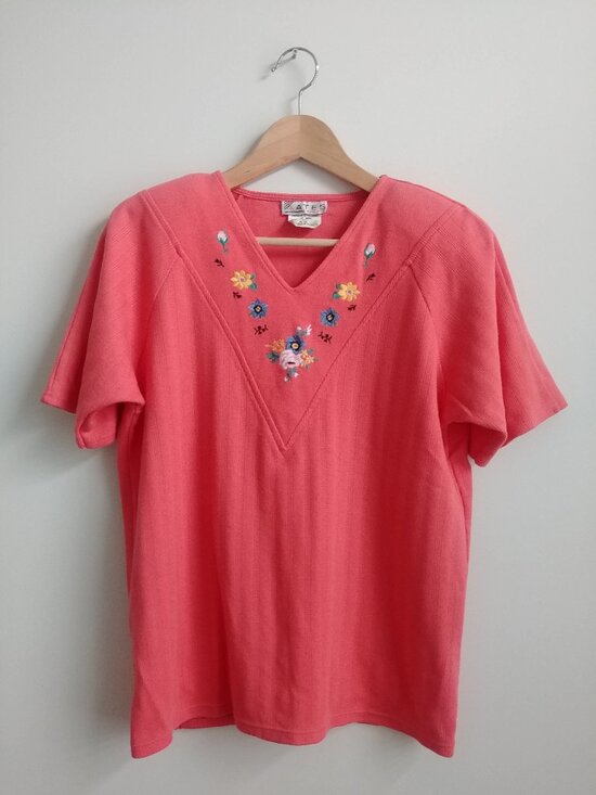 Ates Tops - Vintage cotton blend embroidered knit top coral pink floral embroidery M…
